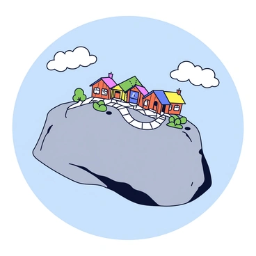A massive rock with a small village on top, floating in the air