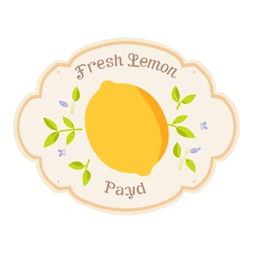 A vintage-style label design featuring "a bright yellow lemon" at the center. Surrounding the lemon are "delicate botanical illustrations" of green leaves and small white flowers. The label has an ornate border with "intricate patterns" and "elegant typography" that reads "Fresh Lemon" at the top. The overall color palette consists of soft pastel tones, enhancing the vintage feel of the design. The label is shaped in an ornate rectangle, giving it a classic and sophisticated appearance, ideal for packaging.
