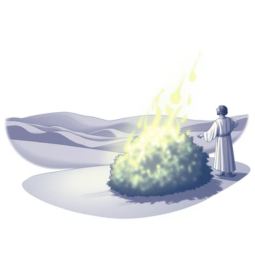 A desert landscape stretches into the distance, featuring rolling dunes under a clear sky. In the foreground, a bush is ablaze with "flames glowing brightly," casting flickering shadows on the sand. "Moses stands nearby," his figure depicted with outstretched arms, gazing at the supernatural sight. The bush is lush and green, contrasting against the arid surroundings. The scene captures the intensity of the moment, with "the flames illuminating Moses’ face," reflecting a sense of awe and reverence.