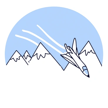 A sleek jet is flying through a range of jagged mountain peaks. The jet is depicted in a streamlined design with a shiny metallic surface. Behind the jet, there is a visible trail of white wisps representing the sonic boom, swirling and dissipating in the cold air. The mountains are covered with a blanket of pure white snow, stark against the clear blue sky. The peaks are rugged and sharp, creating a dramatic backdrop for the scene.