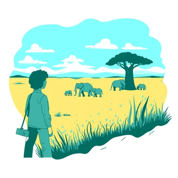 A teal figure is standing on the edge of an expansive African savanna, observing a herd of elephants in the distance. The elephants are gathered near a large baobab tree, with a few young calves playfully interacting. The savanna grass is a rich yellow, gently swaying in the breeze. The sky above is vast and blue, with scattered white clouds. In the foreground, there are a few tall grasses and wildflowers, adding to the natural beauty of the scene. The figure is wearing khaki safari clothing, with binoculars hanging around their neck, fully engaged in watching the majestic animals.