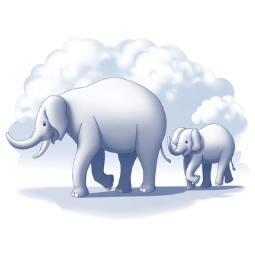 Giant elephants with large ears and tusks are formed from fluffy white clouds. They are lumbering across an expansive sky, which is a vibrant shade of blue. The elephants have a soft, billowy texture, and their shapes are defined by the contrast against the clear background. The scene captures the whimsical nature of these cloud formations, with the elephants slowly drifting in a relaxed manner.