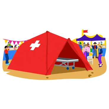 A red first aid tent with a white cross symbol is set up at the edge of a rodeo. The tent flaps are slightly open, revealing a well-organized interior with a stretcher and medical supplies. Nearby, a few chairs are arranged for waiting individuals. Spectators in colorful cowboy hats and jeans are gathered in the background, watching the rodeo events unfold. Bright banners and flags flutter in the breeze above the arena, with a dusty dirt ground surrounding the tent.