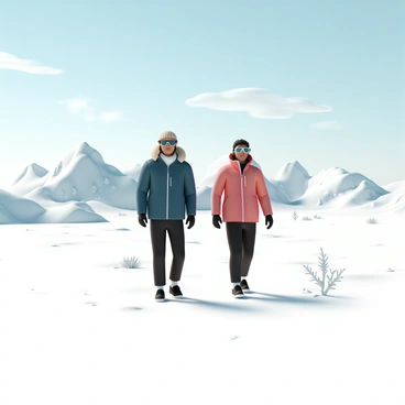 Two explorers, both wearing heavy, insulated parkas, are trekking across a vast, snow-covered arctic tundra. One explorer has a dark blue parka with a fur-lined hood, while the other has a bright red parka. Their faces are partially obscured by goggles and scarves, protecting them from the cold wind. The ground is blanketed in thick, white snow, with occasional patches of ice glistening under the low sun. In the background, rugged mountains rise, their peaks capped with snow, while a few sparse, snow-dusted shrubs dot the landscape around them. The sky above is a soft blue with wispy clouds, creating a chilly yet vibrant atmosphere.