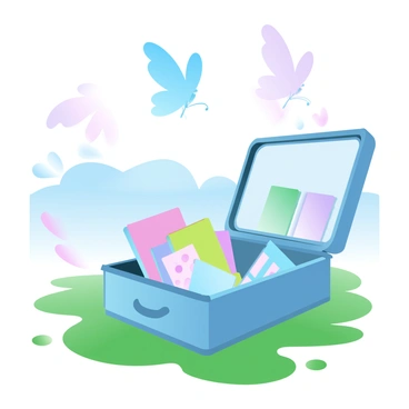 A cartable sitting on a grassy patch in a sunny field. The cartable is open, revealing colorful notebooks and stationery inside. Around the cartable, multiple butterflies are fluttering, showcasing various wing patterns and colors. The sunlight casts soft shadows on the grass, highlighting the vibrant hues of the scene. In the background, gentle hills are visible under a clear blue sky.