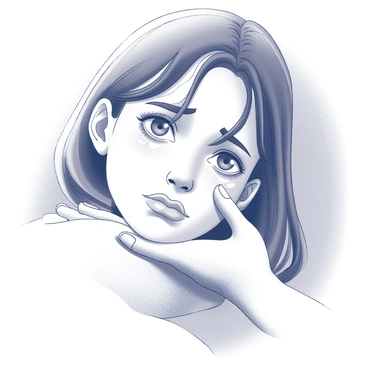 A close-up of a person's eyes filled with tears, reflecting their sadness. The individual has a furrowed brow and their eyelashes are wet with tears. A hand is gently resting on their shoulder, providing a sense of comfort and support. The hand is depicted with a relaxed grip, conveying tenderness and understanding. The background is softly blurred to emphasize the emotional connection between the person and the comforting hand.