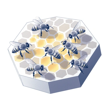 A close-up view of a honeycomb structure. The honeycomb is made up of hexagonal wax cells, some filled with golden honey. Several bees are actively gathering nectar, their wings slightly spread as they move among the cells. The bees have a detailed texture, with their bodies covered in fine hair, and they appear focused on their tasks. A few bees are seen with pollen dusting their legs, indicating their role in pollination. The intricate design and arrangement of the honeycomb are clearly visible, showcasing the natural engineering of the bees' habitat.