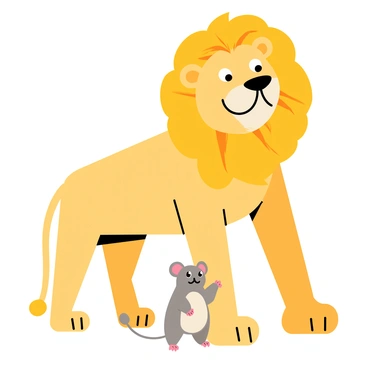 A mighty lion with a golden mane stands proudly, its powerful body tense in a moment of surprise. In front of the lion, a tiny mouse with soft gray fur looks up, its eyes wide, expressing gratitude. The lion's large paws rest gently on the ground, showcasing its strength, while the mouse stands on its hind legs, its tiny paws raised in appreciation. The scene captures the unlikely friendship between the majestic lion and the small mouse, highlighting the contrast in their sizes and the unexpected bond formed in a moment of danger.