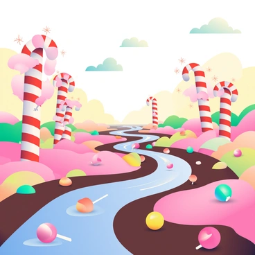 A landscape made entirely of candy stretches into the distance. The ground is covered with colorful sweets, creating a vibrant patchwork of textures and hues. There are flowing rivers of rich, dark chocolate winding through the scene, their edges glistening in the light. Towering candy cane trees, with their red and white stripes, rise prominently, their branches adorned with sparkling gumdrops and lollipops. In the background, fluffy clouds of cotton candy float in a pastel sky, completing this whimsical candy wonderland.