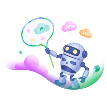 A small robot with a sleek metallic body is standing on a soft, pastel-colored surface. The robot has illuminated eyes and tiny articulated arms, holding a delicate butterfly net. The net is stretched wide, capturing ethereal symbols that represent floating web data, such as clouds, links, and binary numbers. Each symbol is rendered in varying pastel shades of blue, pink, and yellow, and they seem to shimmer softly as they drift through the air. The overall scene conveys a whimsical yet focused atmosphere, showcasing the robot's playful effort to catch the elusive data symbols.