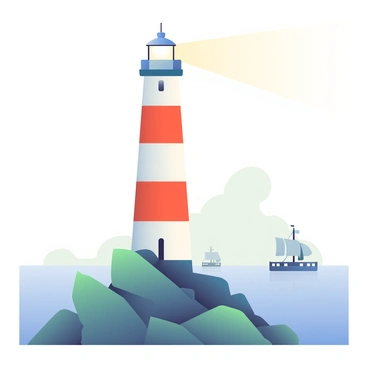 A tall lighthouse with a white and red striped exterior stands on a rugged rocky coast. The lighthouse has a bright light at the top, casting a strong beam that cuts through a thick layer of fog. Surrounding the base of the lighthouse are jagged rocks, partially covered in green moss. In the distance, the silhouettes of ships can be seen navigating through the fog, drawn towards the guiding light of the lighthouse. The sky above is overcast, adding to the atmosphere of the scene.