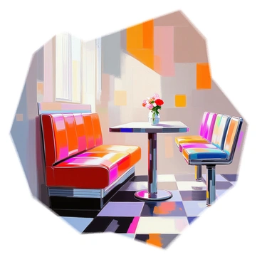 A classic diner scene featuring a shiny red booth seat with chrome accents, invitingly arranged along the wall. The booth is positioned next to a table with a small vase containing a single flower. The floor is adorned with black and white checkered tiles, creating a striking contrast. On the counter, there are colorful diner stools reflecting light. The ambiance suggests a bustling mid-century diner atmosphere.