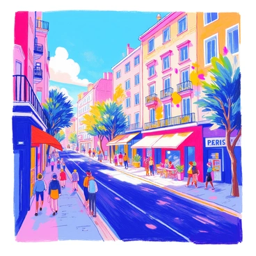 A bustling city street is filled with people walking and chatting. On the side of a tall building, a large mural displays whimsical designs with bold colors. The mural features playful characters and abstract shapes. The street is lined with shops and cafes, and there are trees providing shade along the sidewalk. In the background, a bright blue sky contrasts with the vibrant colors of the mural.