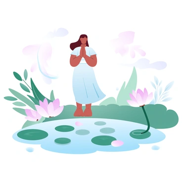 A person is standing in the "namaste" position, with hands pressed together at chest level. The individual is wearing a flowing, light-colored garment that gently sways with a soft breeze. Beside them, a tranquil lotus pond stretches out, filled with various blooming lotus flowers in shades of pink and white. Green lily pads float gracefully on the water's surface. Surrounding the pond are lush green plants and delicate reeds, creating a serene environment. Reflections of the flowers and vegetation dance upon the calm water, enhancing the peaceful atmosphere.
