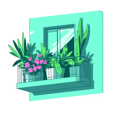 A teal balcony is adorned with a variety of potted plants, creating a lush display of greenery and vibrant flowers. The pots vary in size and shape, some round and others square, and they are arranged neatly along the balcony railing. Bright pink flowers bloom in one pot, while another pot overflows with lush green leaves. In the corner, there is a tall potted plant with elongated leaves, adding height to the scene. Sunlight filters through the plants, casting playful shadows on the balcony floor.