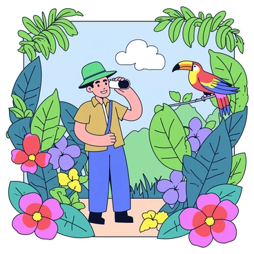 An explorer wearing a green hat and a safari outfit is standing on a narrow path in a dense rainforest. The explorer is looking through binoculars, focused on a colorful toucan perched on a branch nearby. Surrounding them are large, lush green leaves and vibrant flowers in shades of red, yellow, and purple. The sunlight filters through the thick canopy, creating dappled light on the ground. In the background, ferns and vines add to the rich texture of the rainforest.