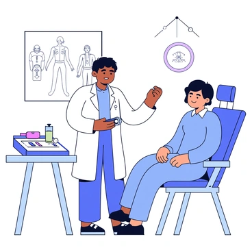 A medical professional wearing a white lab coat is standing in a well-lit examination room. The professional has short black hair and is holding a small medical instrument in one hand. There is a test kit on a nearby table with various medical supplies neatly arranged. A patient is seated on an examination table, looking calm and attentive. The background features a poster on the wall illustrating human anatomy. The overall atmosphere is clinical and professional.