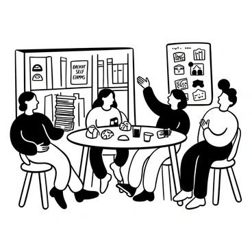 A wooden table is set up in a cozy room filled with bookshelves. A group of friends is gathered around the table, engaged in a lively discussion. One friend is holding a stack of trivia cards with the words "Breast Health Trivia" on top. Another friend is pointing to a large poster on the wall that displays infographics about self-exams. There are various snacks and drinks scattered across the table, along with a notepad where one friend is jotting down notes. Everyone is animatedly sharing information and laughing, creating an atmosphere of camaraderie and learning.