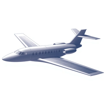 A sleek aircraft designed with smooth aerodynamic lines is soaring through the sky. The aircraft features solar panels integrated into its wings, glinting under sunlight. Below, the sky is vast and clear, with no clouds to obstruct the view. The sunlight creates a bright contrast against the black silhouette of the aircraft, emphasizing its modern design. The aircraft's wings are outstretched, and it appears to be gliding effortlessly, capturing the essence of innovative technology.