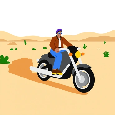 A lone rider on a motorcycle is traveling through a vast desert landscape. The motorcycle is sleek and modern, with a shiny chrome finish. The rider wears a leather jacket and has goggles resting around their neck, while a pair of stylish sunglasses covers their eyes. The dry, sandy terrain stretches endlessly, with scattered cacti and low shrubs dotting the background. Bright sunlight casts sharp shadows, emphasizing the contours of the motorcycle and the rider's helmet. Dust is kicked up from the back tire as they ride, creating a sense of movement and adventure.