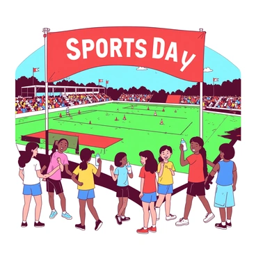 A red banner reading "Sports Day" is prominently displayed against a blue sky. In the foreground, a group of students in colorful athletic uniforms is gathered, laughing and chatting. Some students are holding water bottles while others are stretching or practicing their relay race moves. In the background, a large grassy field is set up with various sports stations, including a long jump pit and a finish line marked with colorful cones. Cheerful spectators are seated on bleachers, some waving flags. The atmosphere is lively, capturing the energy and joy of students taking a break from their studies.