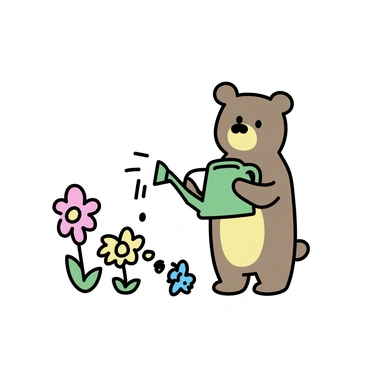 A bear, with brown fur and curious eyes, is standing on its hind legs. It is holding a green watering can in its paws, tilting it slightly to pour water. The garden around the bear is full of vibrant flowers in various colors including red, yellow, and blue. The flowers are blooming and appear healthy, with some reaching towards the sunlight. The bear looks focused and gentle as it nurtures the garden.