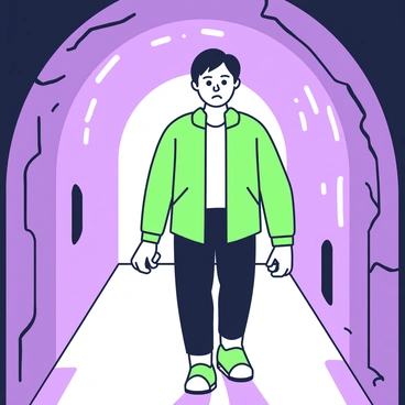 An individual is walking through a narrow tunnel, which has dim lighting that creates shadows along the walls. The person has a tense expression, their eyebrows furrowed and lips pressed together. They are wearing a fitted jacket and dark pants. The tunnel walls are rough and uneven, with occasional patches of moisture. A faint beam of light can be seen in the distance, guiding their way. The individual's posture is slightly hunched, suggesting caution as they move forward.