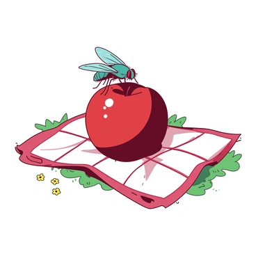 A teal fly is perched on the edge of a shiny red apple. The apple is lying on a white picnic blanket spread out on the grass. The blanket features a checkered pattern and there are small yellow flowers scattered around it. The sunlight casts a warm glow on the scene, highlighting the smooth surface of the apple and the delicate wings of the fly.