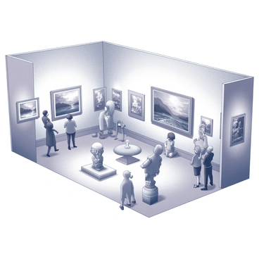 An art gallery with high ceilings and spacious rooms. The walls are adorned with various paintings, each showcasing different genres and styles. Some paintings depict landscapes, while others focus on abstract forms or portraits. In the center of the room, there are sculptures made of stone and metal, each capturing intricate details. Visitors are scattered throughout the gallery, some observing the artwork intently, while others converse quietly. The lighting is strategically placed to enhance the features of each piece.
