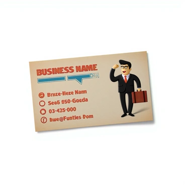 A business card designed to resemble a vintage comic strip panel. The card has a rectangular shape with a colorful border that includes classic comic elements like speech bubbles and halftone dots. In one corner, there is a bold title with the text "Business Name" in a playful font. Adjacent to it, a character depicted as a quirky cartoon figure holds a briefcase, wearing a suit and tie. Below the character, there are sections for contact information, including phone number and email address, presented in a whimsical style that mimics comic lettering. The background features a light texture that resembles aged paper, enhancing the vintage feel.