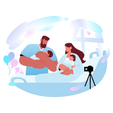 A family is gathered in a hospital room for their first photo together with their newborn. The father is holding the baby gently in his arms, wearing a light blue hospital gown. The mother is sitting on the hospital bed, wrapped in a soft pastel-colored blanket, and gazing at the baby. A cheerful light enters the room through a large window, illuminating the scene. Colorful balloons and a small bouquet of flowers are placed on the bedside table, adding a festive touch. The family is surrounded by soft pastel decorations, creating a warm atmosphere. A camera is positioned on a tripod in front of them, ready to capture this memorable moment.