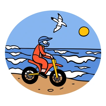 A dirt bike with a bright red frame and black tires is gliding along the wet sand of a sunny beach. The bike's rider is wearing a blue helmet and protective gear, focused on the path ahead. In the background, waves are crashing against the shore, creating white foam as they break. The sun is shining brightly overhead, casting vivid reflections on the surface of the water. Seagulls are flying in the clear blue sky above, adding to the lively beach atmosphere.
