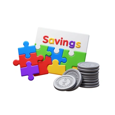 A puzzle with colorful pieces arranged to form the word "Savings". Next to the puzzle, there is a stack of shiny coins in varying sizes. The coins are neatly stacked, showing some with intricate designs. The background is a simple surface that accentuates the puzzle and the coins.