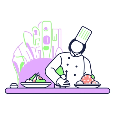 A chef is standing at a polished wooden table in a fine dining restaurant. The chef is wearing a traditional white chef's jacket and a tall white hat. On the table, there are several exquisite 3D-printed meals displayed on elegant plates. Each meal has intricate designs and vibrant shapes, showcasing creativity and innovation in culinary art. Behind the chef, there are stylishly arranged utensils and crystal glasses set for dining. The ambiance of the restaurant is enhanced by soft lighting, highlighting the unique food presentations.