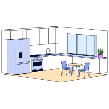 A kitchen with white walls and a light-colored wooden floor. The cabinetry is sleek and flat with no visible handles, featuring a glossy finish. A large, stainless steel refrigerator stands upright beside a built-in oven, both seamlessly integrated into the design. The countertop is smooth and made of quartz, with a single basin stainless steel sink. A small, round table with two chairs is placed in one corner, and a single green plant is situated on the windowsill, adding a touch of color to the space.