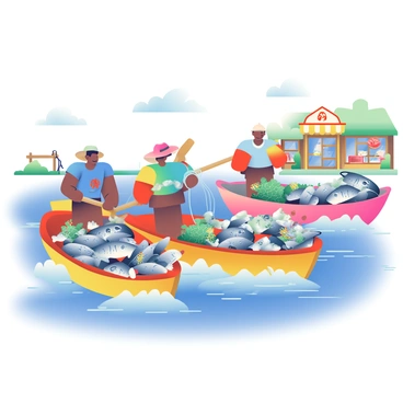 A group of fishermen in colorful wooden boats is working together on a bustling river. Each boat is filled with large, shimmering nets that are overflowing with various fish, including silver fish and vibrant tropical species. One fisherman, wearing a blue shirt and a wide-brimmed hat, is energetically pulling in a net while another, in a red shirt, assists him. The scene is lively, with splashes of water as the nets are brought aboard. In the background, there are small wooden shops along the riverbank displaying fresh fish and seafood, signifying the local economy thriving from the catch. The sky above is clear, with a few fluffy clouds drifting lazily.