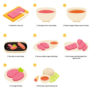A step-by-step illustrated recipe for cooking "moo deng". The first illustration shows a fresh piece of pork belly on a wooden cutting board with a sharp knife beside it. The second illustration depicts the pork belly being cut into thick slices. The third image features a bowl containing a mixture of soy sauce, sugar, garlic, and red food coloring being prepared. In the fourth illustration, the sliced pork is marinated in the bowl, with the marinade coating the meat evenly. The fifth image shows a grill with the marinated pork sizzling over medium heat. The sixth illustration displays the cooked "moo deng" sliced and arranged on a plate, garnished with a sprig of cilantro and accompanied by a small bowl of dipping sauce. Lastly, the final image presents the dish served with a side of jasmine rice and sliced cucumbers.