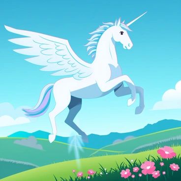 A majestic pegasus with shimmering white fur, large feathered wings spread wide, and a flowing mane of silver and blue is soaring through a bright blue sky. Below, rolling green hills dotted with wildflowers create a vibrant landscape. The sunlight illuminates the scene, casting soft shadows on the hills as the pegasus glides gracefully above them, leaving a trail of sparkling light in its wake.