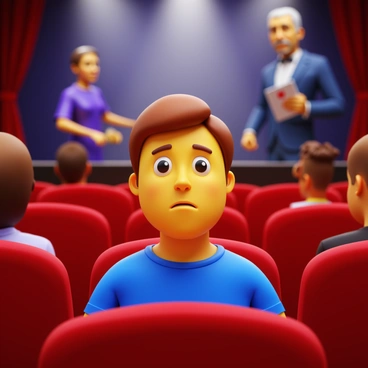 An audience member at a magic show is sitting in a plush red seat. They have a puzzled expression on their face, with raised eyebrows and slightly parted lips. The bright stage lights illuminate the scene, casting dramatic shadows. In the background, a magician is performing a card trick with a deck of cards. The audience member is wearing a casual blue shirt and has short brown hair. A few other audience members can be seen in a blurred state, all focusing on the performance.