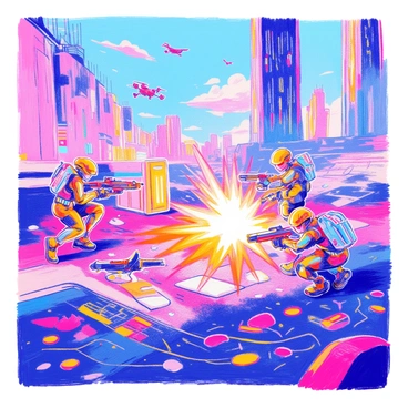 A battlefield unfolds in a cybernetic landscape filled with sleek, futuristic structures and illuminated circuitry embedded in the ground. AI-powered soldiers are engaged in a dramatic confrontation, their armor reflecting a blend of metallic hues. One soldier is crouched behind a glowing barricade, aiming a high-tech weapon, while another is mid-action, leaping over debris. Drones hover overhead, scanning the area. In the background, towering skyscrapers adorned with neon lights loom, creating a stark contrast to the dark, smoky atmosphere of the battlefield. Sparks fly as weapons clash, adding to the intensity of the scene.