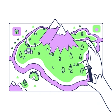 A detailed map is being drawn on a digital canvas in Krita. The canvas displays various regions prominently marked with lines and borders. In the center, there is a large mountain range illustrated with jagged peaks and valleys. Surrounding the mountains, several forests are represented with tree symbols. Along the edges of the map, a winding river flows from the mountains, splitting into smaller streams. Notable landmarks such as a castle, a village with small houses, and a mysterious cave are strategically placed throughout the regions. The artist is using a stylus, capturing every detail with precision as they work on the vibrant geography of the map.