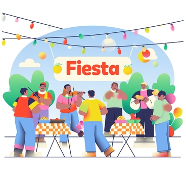 A vibrant outdoor party scene is set under a bright blue sky. Colorful chili peppers are hanging as decorations from a string of lights that crisscross above the gathering. Guests are mingling, wearing bright, festive clothing. There are tables adorned with checkered tablecloths, and each table has bowls filled with various appetizers, including guacamole and salsa. In the background, a large banner reads "Fiesta" in bold, colorful letters. Balloons in shades of red, green, and yellow are scattered around the area, adding to the lively atmosphere. Several string musicians are performing, creating a joyful ambiance.