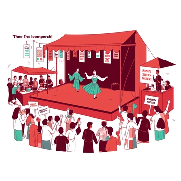 A red stage is set in the center of a bustling outdoor area, surrounded by excited spectators. Colorful banners hang from the stage, each displaying phrases in different languages that emphasize the theme of "freedom of speech." Diverse performers are on stage; a teal dancer twirls gracefully in a traditional costume while a group of musicians plays lively instruments nearby. In the foreground, a white audience claps enthusiastically, with some holding up signs that read "Free Speech" and "Diversity Matters." Colorful food stalls line the edges of the area, adding to the vibrant atmosphere of the festival.