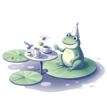A frog sitting comfortably on a large lily pad, surrounded by several insect friends. The frog has a cheerful expression on its face, wearing a small party hat. On the lily pad, a tiny table is set up adorned with a teapot and teacups, all in playful arrangements. Around the table, a few colorful insects, including a dragonfly and a ladybug, are gathered, each engaging in conversation. The pond's surface reflects the scene, with ripples gently disturbed by a light breeze. Green lily pad leaves and water droplets are visible in the background, enhancing the vibrant yet natural environment.