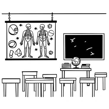 An old-school anatomy chart depicting a detailed human body, including skeletal and muscular systems, hanging on a classroom wall. The chart features labeled sections for various organs and systems. Next to the chart, there is a wooden chalkboard with chalk markings, and a wooden desk in the foreground. A vintage globe can be seen on the desk, alongside some textbooks. The classroom is filled with wooden desks arranged in rows.