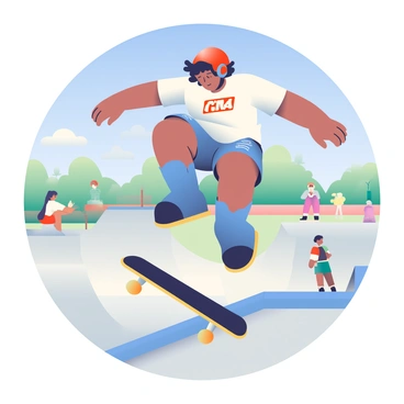 A skateboarder with medium skin is mid-air executing a trick on a skateboard. The skateboarder is wearing a bright red helmet and blue knee pads, and they have short, messy black hair. Their shirt is a white graphic tee, and they are wearing distressed denim shorts. Their arms are extended and their body is twisted to showcase the torque in their movement. Below them, a smooth concrete skatepark with ramps is visible, and a few spectators can be seen in the background, observing the performance. A clear blue sky is overhead, adding to the outdoor atmosphere.