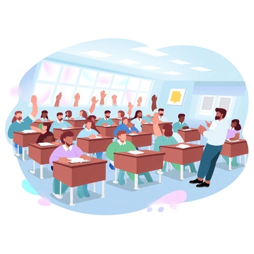 A classroom filled with wooden desks and colorful educational posters on the walls. Students of diverse backgrounds are seated at their desks, eagerly raising their hands to participate. Each student is wearing a uniform, and their books are open in front of them. The teacher stands at the front of the room, closely observing the students. Sunlight streams through large windows, illuminating the scene and enhancing the vibrant atmosphere.