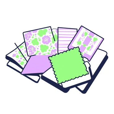 A close-up view of a collection of fabric swatches arranged neatly on a flat surface. The swatches display a variety of patterns, including floral, striped, and geometric designs. Textures vary, showcasing smooth silk, coarse linen, and soft cotton. The fabrics are cut into small squares or rectangles, with edges neatly finished. Each swatch is distinct, highlighting the unique characteristics of each material, while their vibrant patterns catch the eye. The collection appears well-organized, allowing for easy comparison of the different options.