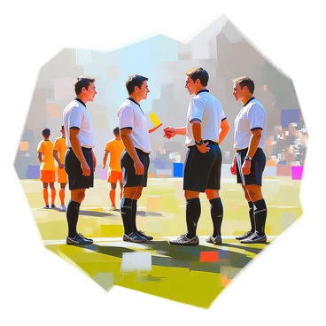 A referee consulting with assistant referees on the sidelines about a close call during the game.