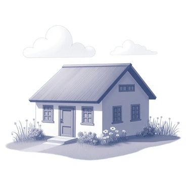 A small cottage with a thatched roof. The structure has a wooden door and several windows with shutters. It sits in the middle of open fields, with tall grass swaying gently in the breeze. Flowers of various shapes and sizes are scattered around the cottage, adding to the natural scenery. The sky is clear, with a few fluffy clouds drifting lazily above.